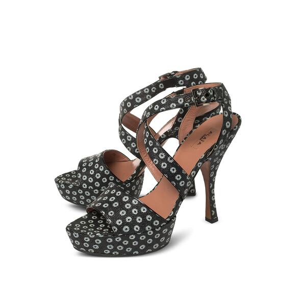 Alaïa Black Patterned Platform  Strappy Heels 37.5 in Box - Picture 1 of 9